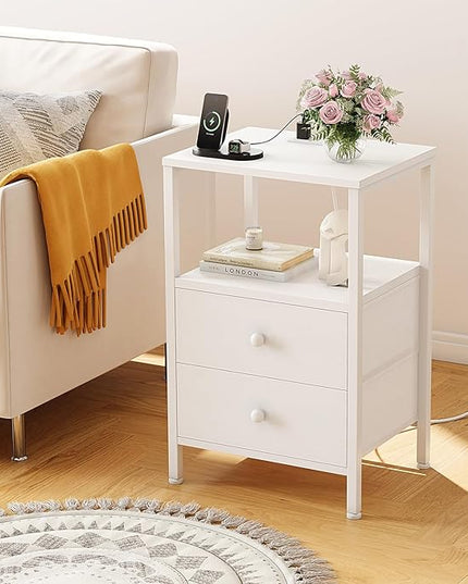 White Night Stand with Charging Station and USB Ports, Small Nightstand with Drawers and Shelf Storage End Table for Bedroom, Dorm, Modern Bedside Table - LeafyLoom