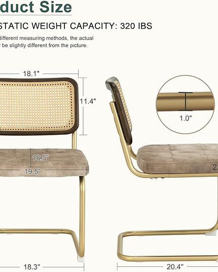 Mid Century Modern Dining Chairs Set of 2, Rattan Cantilever Kitchen Chairs, Dining Room Chairs Light Brown Upholstered, Solid Wood Cane Back, Gold Stainless Chrome Base Heavy Duty - LeafyLoom