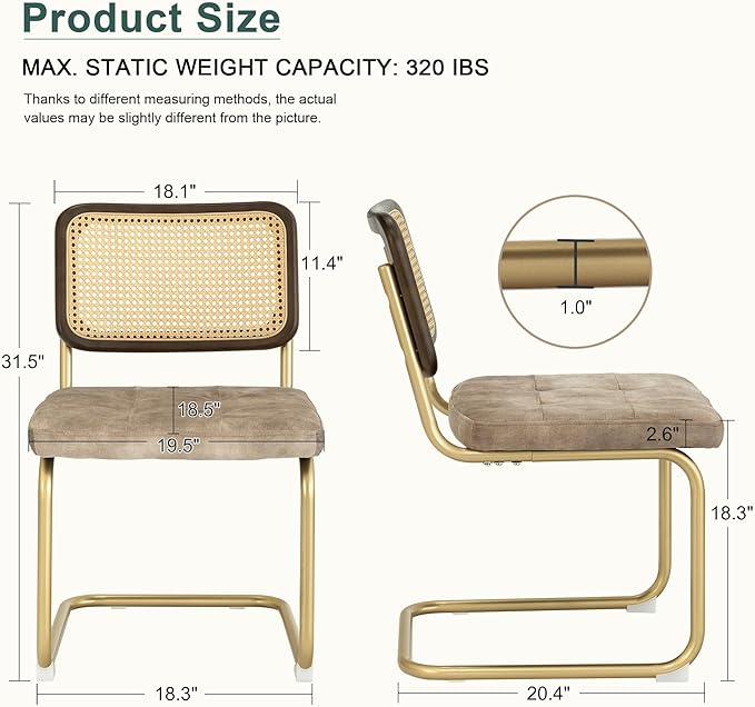Mid Century Modern Dining Chairs Set of 2, Rattan Cantilever Kitchen Chairs, Dining Room Chairs Light Brown Upholstered, Solid Wood Cane Back, Gold Stainless Chrome Base Heavy Duty - LeafyLoom