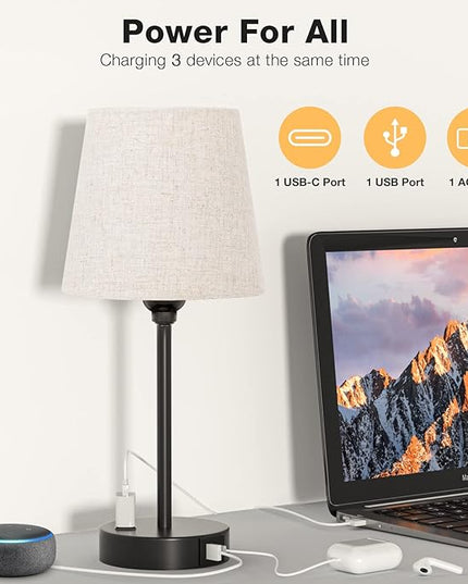 Mini Bedside Lamps for Bedrooms Set of 2 - Nightstand Bedroom Lamps with USB C Port and AC Outlet Charging, Dimmable Touch Small Bed Side Table Lamp, Black Night Stand Light for Kids/Guest Room - LeafyLoom