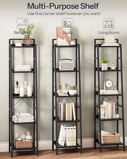 HOOBRO Bookcase, 5-Tier Narrow Bookshelf, Industrial Ladder Shelf, Skinny Bookshelf for Small Spaces, Corner Storage Shelf for Home Office, Living Room, Black BB35SJ01 - LeafyLoom