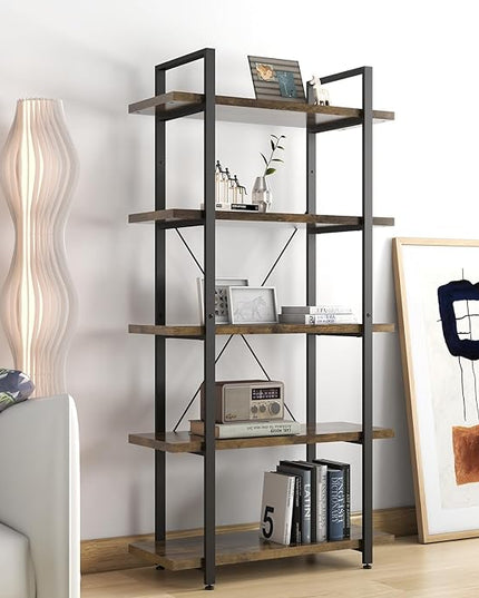 Panana 5 Tier Industrial Rustic Wooden Bookshelves, Vintage Open Wood and Metal Farmhouse Bookshelf Heavy Duty Storage Shelving Unit Rack (Brown) - LeafyLoom