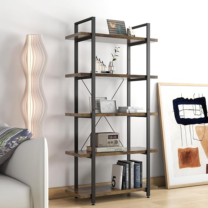Panana 5 Tier Industrial Rustic Wooden Bookshelves, Vintage Open Wood and Metal Farmhouse Bookshelf Heavy Duty Storage Shelving Unit Rack (Brown) - LeafyLoom