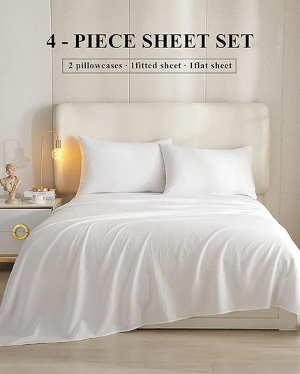 HighBuy Full Size Sheet Sets White - 4 Piece Bed Sheets and Pillowcase Set for Full Bed Mattress - Cooling Sheets Soft Deep Pocket Sheets,Fitted Sheets,Full Bed Sheets,White - LeafyLoom
