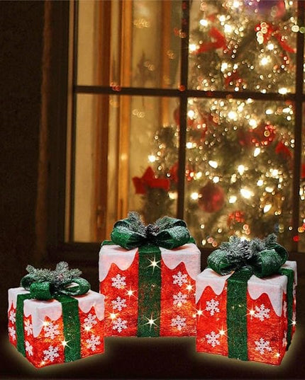 [Ultra-Large 16"x14"x11.5" Christmas Set of 3 Lighted Gift Boxes Decorations Pre-lit 91 Super-Bright LED with Flashers,for Indoor Outdoor Pathway Holiday Party Home(Warm White) GLOWNOVA