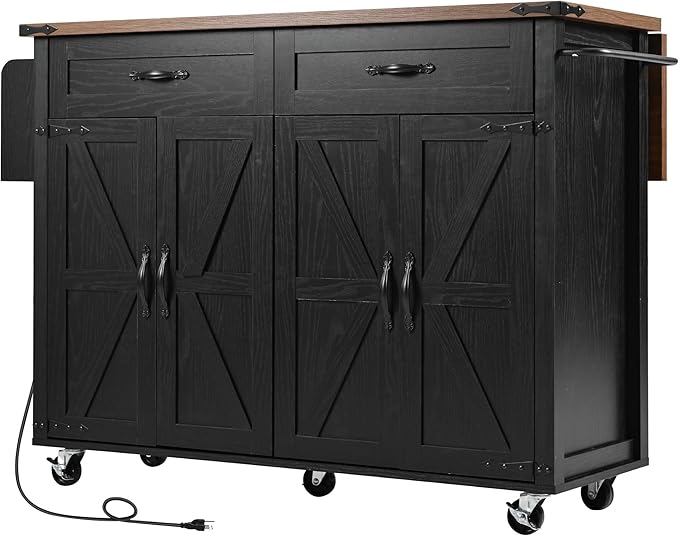 Farmhouse Kitchen Island with Power Outlet, Rolling Kitchen-Cart with Drop Leaf, Storage Cabinet Table on Wheels w/Spice Rack and Drawer for Dining Room, Bar - LeafyLoom