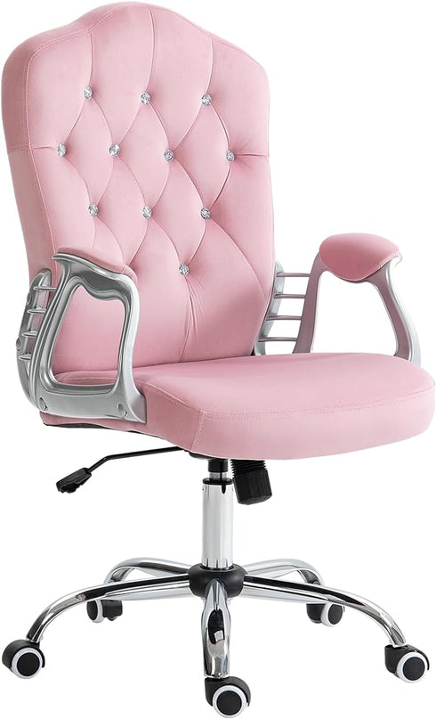 Vinsetto Home Office Chair, Velvet Computer Chair, Button Tufted Desk Chair with Swivel Wheels, Adjustable Height, and Tilt Function, Pink - LeafyLoom