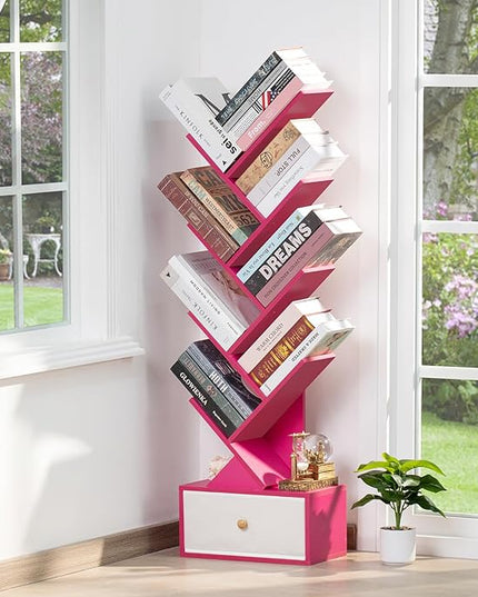 8 Tier Tree Bookshelf with Drawer, Free Standing Wood Bookcase for Narrow Space, Storage Organizer Bookshelves for Books, Book Case for Home Office, Living Room, Bedroom - Pink - LeafyLoom