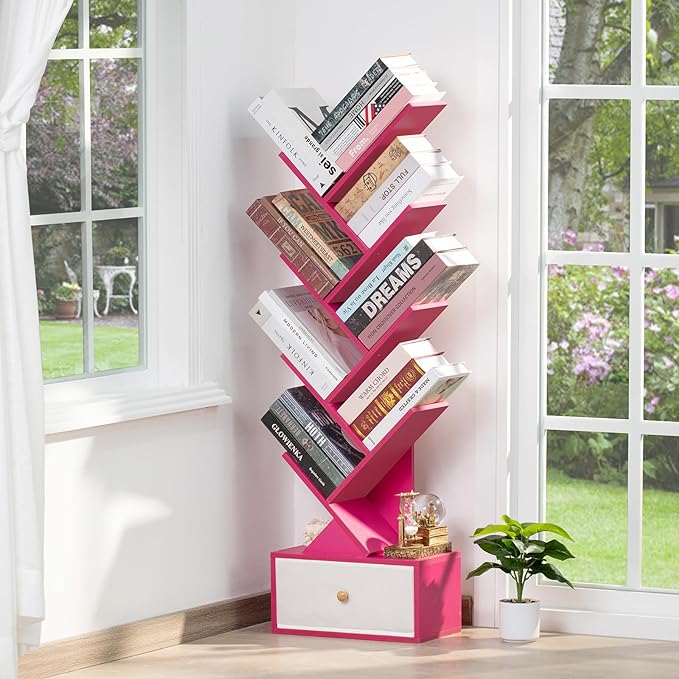 8 Tier Tree Bookshelf with Drawer, Free Standing Wood Bookcase for Narrow Space, Storage Organizer Bookshelves for Books, Book Case for Home Office, Living Room, Bedroom - Pink - LeafyLoom