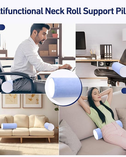 Neck Roll Pillow for Sleeping - Memory Foam Neck Roll Pillow for Neck & Leg Support - Multifunctional Bolster Pillow for Bed, Couch, Yoga, Office, and Travel, 16x6.3 Inch (Blue White) - LeafyLoom