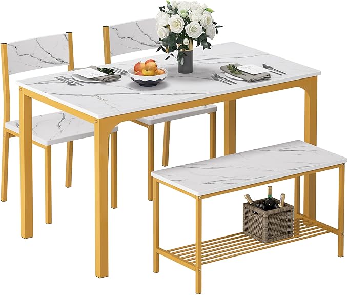 SogesPower Dining Table Set for 4, Kitchen Dining Table Set with 2 Chairs and 1 Bench, 4-Piece Kitchen Table Set for Dining Room Restaurant Small Space, Gold - LeafyLoom