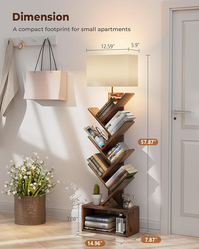 6 Tier Tree Bookshelf with Light, Small Bookcase Tower for Books/CDs/Movies, Sturdy Tall Floor Standing Book Organizer with Storage Cabinet for Living Room, Bedroom and Home Office - LeafyLoom
