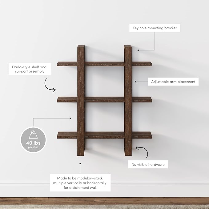 Nathan James Floating Wall Book Shelves, 3-Tier Display Shelf, Decorative Modular Shelf in Solid Wood for Bedroom, Nursery, Bathroom or Kitchen, Set of 2 - LeafyLoom