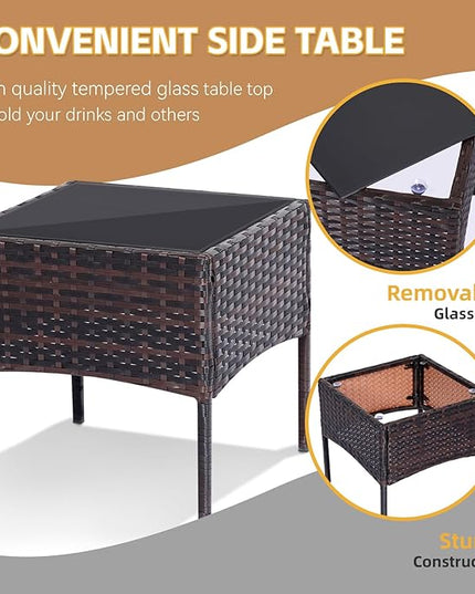 Patio Set 3 Piece Outdoor Rattan Porch Furniture with Tempered Glass Side Table & Cushion All Weather Conversation Bistro Set for Balcony,Deck,Porch (Brown/Beige) - LeafyLoom