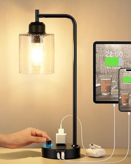 Industrial Bedside Table Lamp for Bedroom - Nightstand Lamps with USB C Charging Port, Fully Dimmable Black Ports and Outlets, Small Desk Glass Shade Office Living Room - LeafyLoom