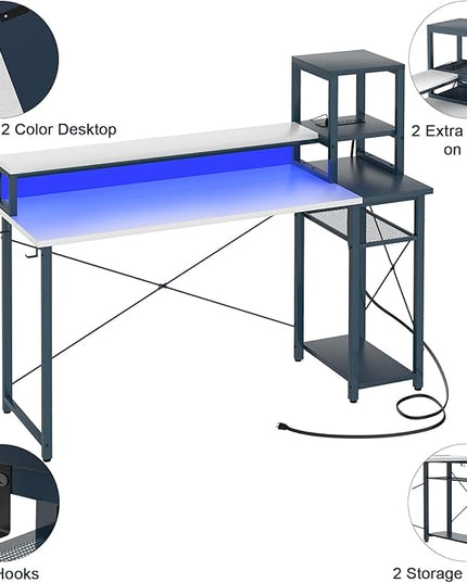 armocity 2024 Upgrade Gaming Desk with LED Lights, Small Computer Desk with Long Monitor Stand, 47.2'' Reversible Laptop Table with Storage Shelves, Small Desk for Small Spaces, Gaming Room, White - LeafyLoom