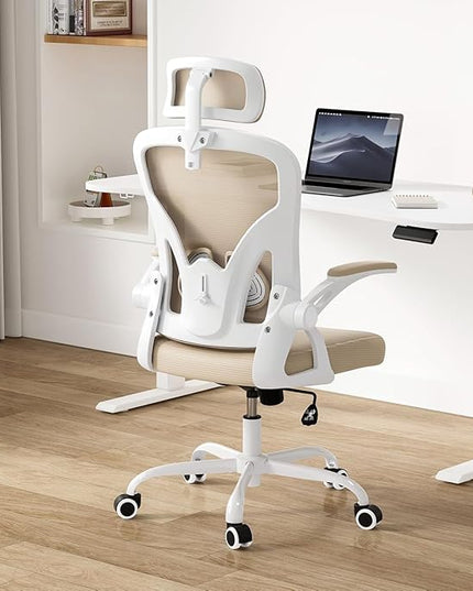 Farini Ergonomic Office Chair, Home Office Desk Chair with Headrest, High Back Computer Chair with Flip-up Armrests and Adjustable Lumbar Support for Home Office Study Room Bedroom, Khaki. - LeafyLoom