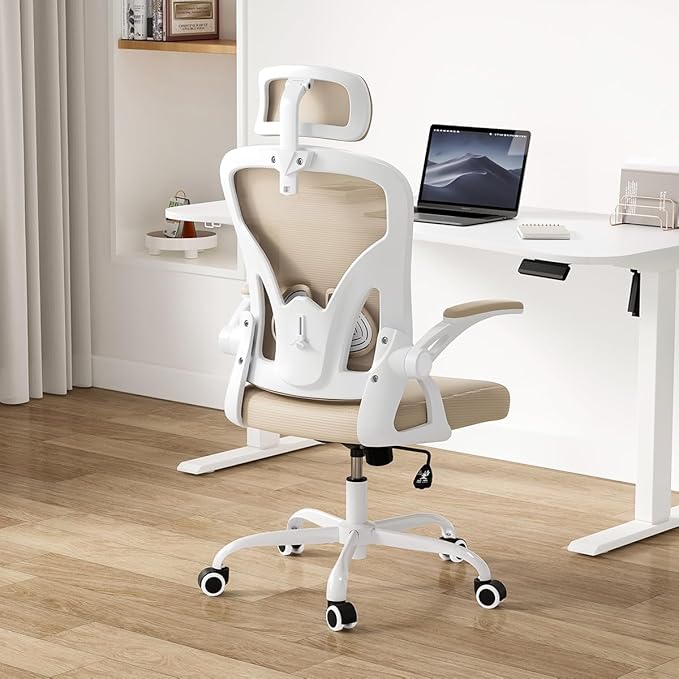 Farini Ergonomic Office Chair, Home Office Desk Chair with Headrest, High Back Computer Chair with Flip-up Armrests and Adjustable Lumbar Support for Home Office Study Room Bedroom, Khaki. - LeafyLoom
