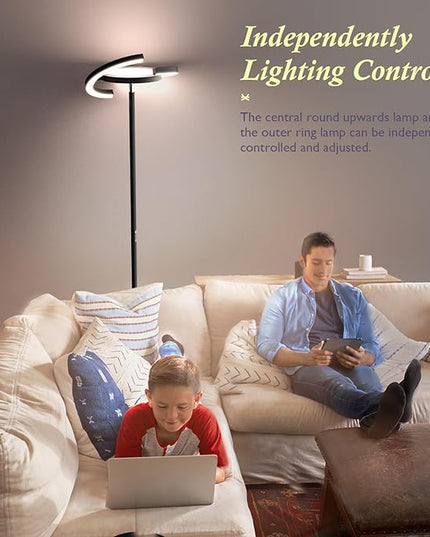 FIMEI Modern Black Metal Saturn Ring LED Floor Lamp, Stepless Dimming and Color Temperature Adjustment, Rotatable Lamp Head, Independent Control of Upwards Round Light and Outer Ring Light - LeafyLoom