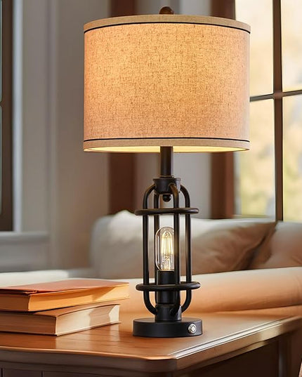 Industrial Black Metal Table Lamps Living Room 23.75'' Lamp for Nightstand Set of 2 Bedside End Lamp Home Decor Touch Lamp Modern Lamps with USB Ports - LeafyLoom