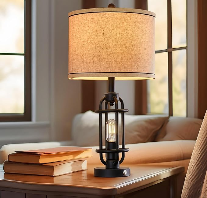 Industrial Black Metal Table Lamps Living Room 23.75'' Lamp for Nightstand Set of 2 Bedside End Lamp Home Decor Touch Lamp Modern Lamps with USB Ports - LeafyLoom
