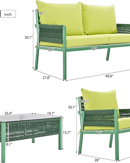 4 Piece Patio Furniture Set, Outdoor FSC Certified Acacia Wood Conversation Set, All-Weather Rope Sofa Set w/Tempered Glass Table, Loveseat for Lawn Balcony Poolside, Backyard, Backyard - LeafyLoom