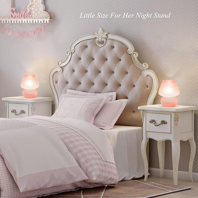 Mushroom Table Lamps for Bedroom Set of 2 Nightstand Light Pink, Small Glass Nightlight Stepless Dimmable Desk Lamp for Dining, Living, Nursery, Vanity, Home Decor, Gift for Girls Women - LeafyLoom