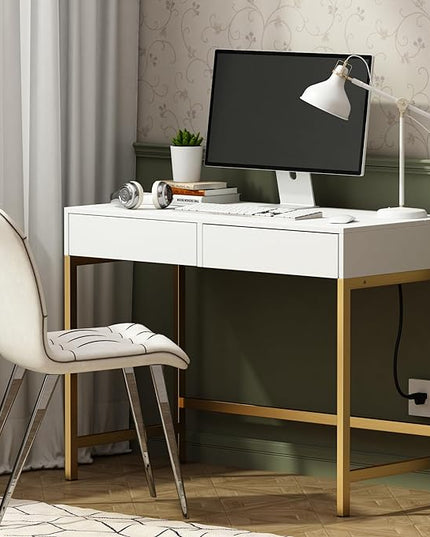Treocho Computer Desk with USB Charging Ports and Power Outlets, Modern Simple 40 inch Vanity Desk with 2 Drawers, Makeup Table for Home Office, Bedroom, White and Gold - LeafyLoom