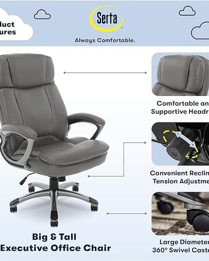 Serta Fairbanks Big and Tall High Back Executive Office Ergonomic Gaming Computer Chair with Layered Body Pillows, Contoured Lumbar Zone, Gray - LeafyLoom