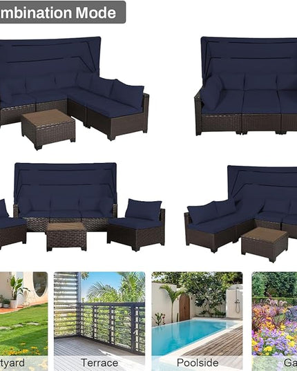 6 PCS Outdoor Patio Furniture Set,Sectional Sofa Set,Rattan Daybed with Retractable Canopy,Adjustable Backrest,Storage Coffee Table,Chaise Chair Sunbed for Garden Poolside Backyard(Navy Blue) - LeafyLoom