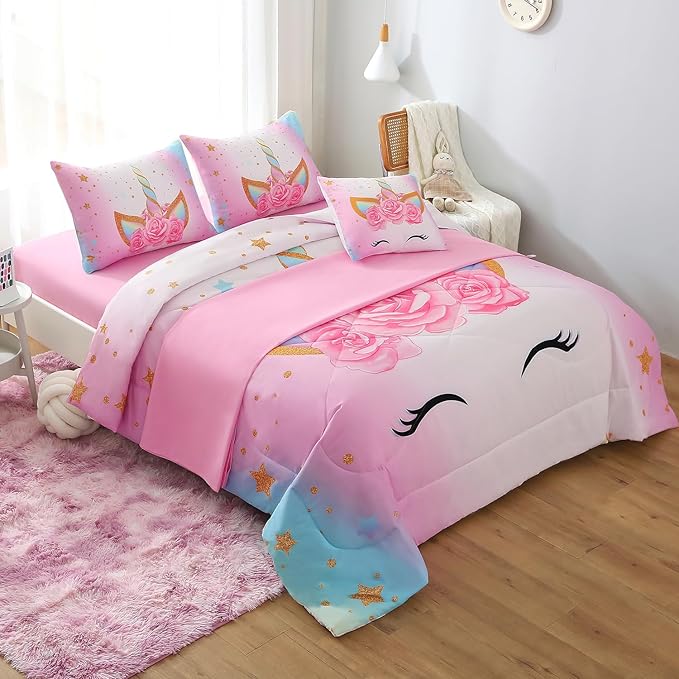 JQinHome Unicorn Queen Bedding Sets for Girls Kids,6 Piece Bed in A Bag 3D Colorful Flower Girl Unicorn Comforter Set(1 Comforter,2 Pillowcases,1 Flat Sheet,1 Fitted Sheet,1 Cushion Cover) - LeafyLoom
