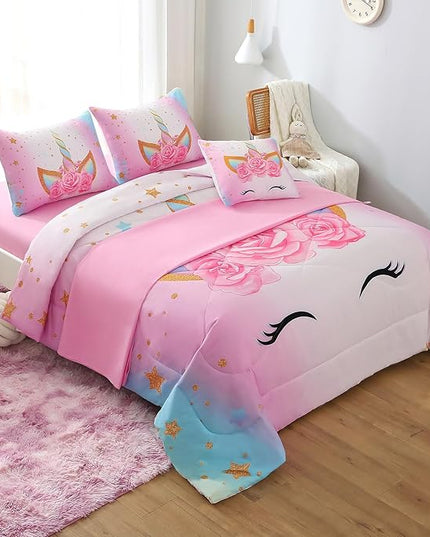 JQinHome Unicorn Full Bedding Sets for Girls Kids,6 Piece Bed in A Bag 3D Colorful Flower Girl Unicorn Comforter Set (1 Comforter,2 Pillowcases,1 Flat Sheet,1 Fitted Sheet,1 Cushion Cover) - LeafyLoom