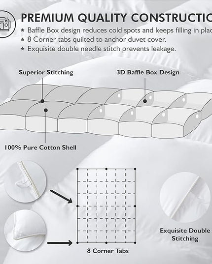 Luxurious King/California King Size Goose Down Fiber Waterfowl Feather Fiber Comforter Duvet, 100% Egyptian Cotton Cover, 58 oz. Fill Weight, Baffle Box Design, White Solid - LeafyLoom