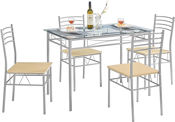 VECELO 5 Piece Dining Table Set for 4 with Chairs, Glass Top, Small Space, Silvery - LeafyLoom