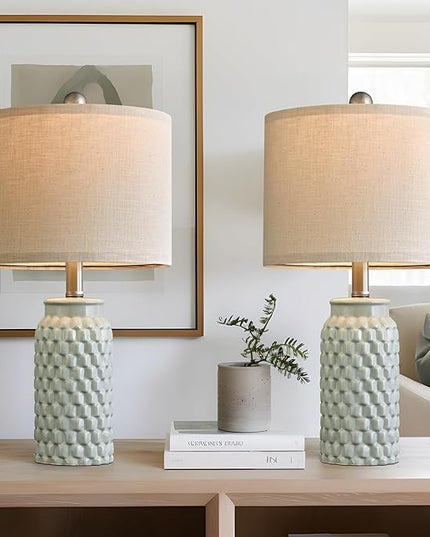 20.5 inches Modern Ceramic Green Bedside Lamp Set of 2 for Bedroom Decor Farmhouse Table Lamp for Living Room Office Dorm - LeafyLoom