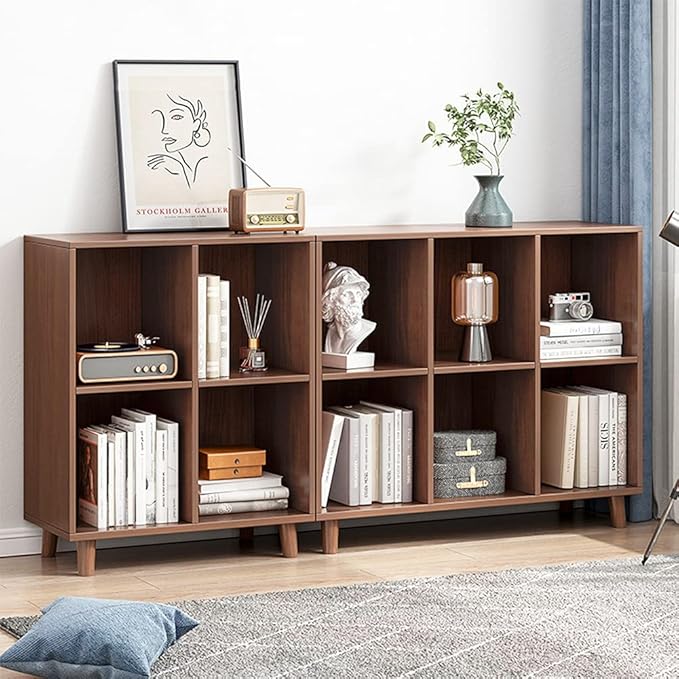 IOTXY Freestanding Open Cubes Bookcase - 2-Tier Floor Standing Wooden Storage Display Cabinet Organizer with Legs for Home Office, 6-Cubes Open Shelf Low Short Bookshelf, Walnut - LeafyLoom