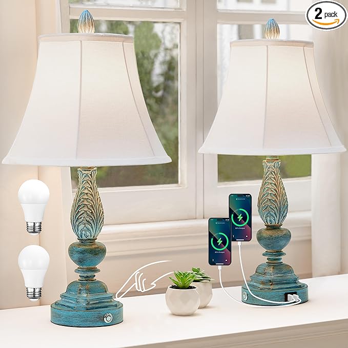 Set of 2 Touch Lamp for Bedroom Nightstand, 23.5'' Table Lamps Desk Lamps with USB Charging Port, Vintage Rustic Farmhouse Lamps for Living Room Home Office Dorm(Blue Washed Finish) - LeafyLoom