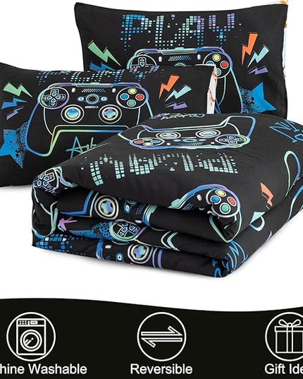 Meeting Story Gamer Gaming Bedding Sets Fluorescence Gamepad Comforter Set for Boys Games Console Action Buttons Novelty Colorful Modern Room Decor Home Quilt Set (Black, Twin) - LeafyLoom