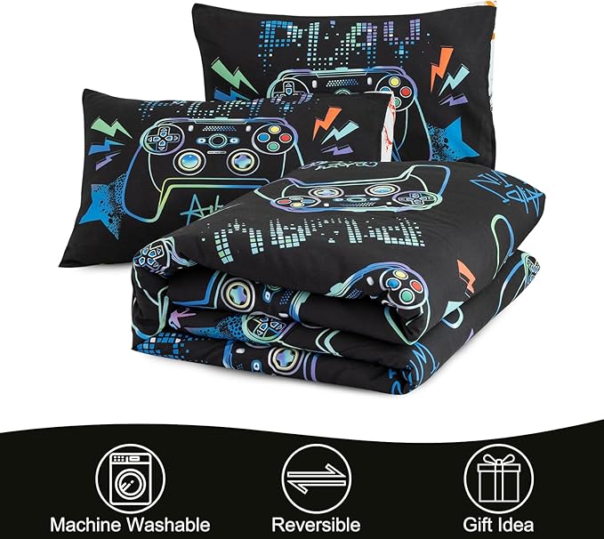Meeting Story Gamer Gaming Bedding Sets Fluorescence Gamepad Comforter Set for Boys Games Console Action Buttons Novelty Colorful Modern Room Decor Home Quilt Set (Black, Queen) - LeafyLoom