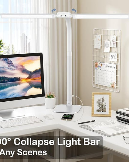 Desk Lamp with USB Charging Port for Home Office 24w Architect Remote Base Dual Task Led Light Modern 5 Color Modes Dimmable Adjustable Gooseneck Double Head Reading Drafting Eye Caring Tall Lamps - LeafyLoom