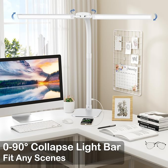 Desk Lamp with USB Charging Port for Home Office 24w Architect Remote Base Dual Task Led Light Modern 5 Color Modes Dimmable Adjustable Gooseneck Double Head Reading Drafting Eye Caring Tall Lamps - LeafyLoom