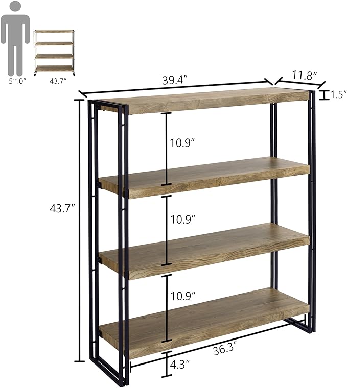 4 Tier Bookshelf Rustic Industrial Bookcase Etagere Open Office Book Shelf, Sonoma Oak - LeafyLoom