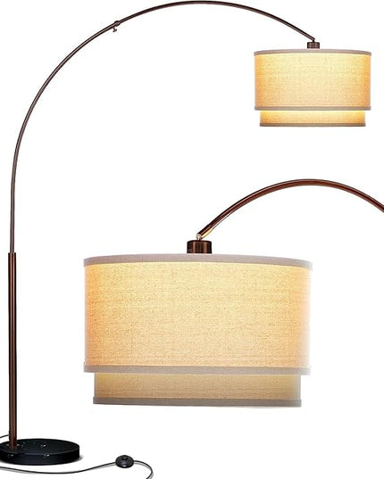 Brightech Mason Arc Floor Lamp - Modern Corner Standing Lamp with Unique Hanging Drum Lamp Shade for Living Room - Bright Overhead, Curved Hanging Light for Bedroom. Library, Den - Bronze - LeafyLoom