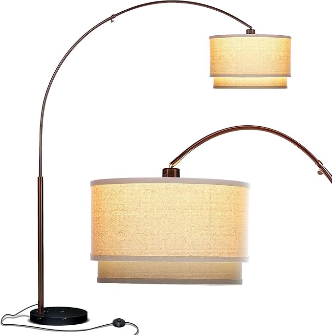 Brightech Mason Arc Floor Lamp - Modern Corner Standing Lamp with Unique Hanging Drum Lamp Shade for Living Room - Bright Overhead, Curved Hanging Light for Bedroom. Library, Den - Bronze - LeafyLoom