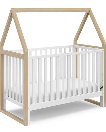 Storkcraft Orchard 5-in-1 Convertible Crib (White with Driftwood) – GREENGUARD Gold Certified, Canopy Style Baby Crib, Converts from Crib to Toddler Bed, Daybed and Full-Size Bed - LeafyLoom