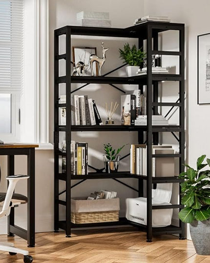 NUMENN 5 Tier Corner Bookshelf, Modern Corner Bookcase, Large Open Shelf Bookcase, Tall Bookshelves Storage Display Rack for Bedroom, Living Room and Home Office, Black - LeafyLoom