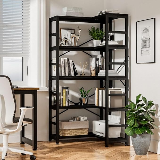 NUMENN 5 Tier Corner Bookshelf, Modern Corner Bookcase, Large Open Shelf Bookcase, Tall Bookshelves Storage Display Rack for Bedroom, Living Room and Home Office, Black - LeafyLoom
