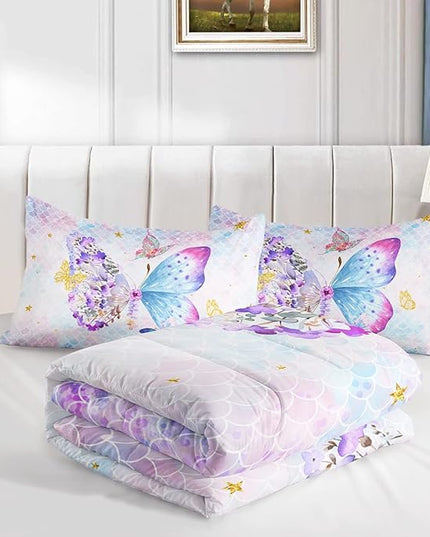 Axolotl Butterfly Bedding Full,Rainbow Butterfly Comforter Set for Girls Teens,Butterfly Bedding for Girls with Golden Star Scales Pattern,Butterfly Printed Quilt Set with 1 Comforter 2 Pillowcases - LeafyLoom