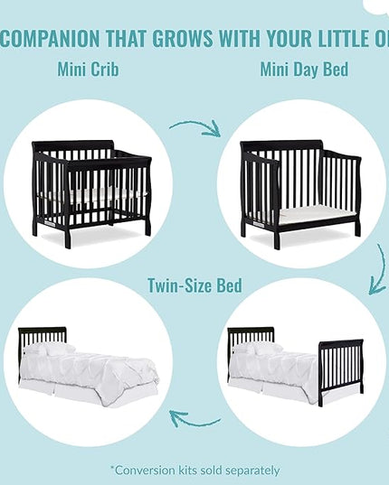 Aden 4-in-1 Convertible Mini Crib In Black, Greenguard Gold Certified, Non-Toxic Finish, New Zealand Pinewood, With 3 Mattress Height Settings - LeafyLoom