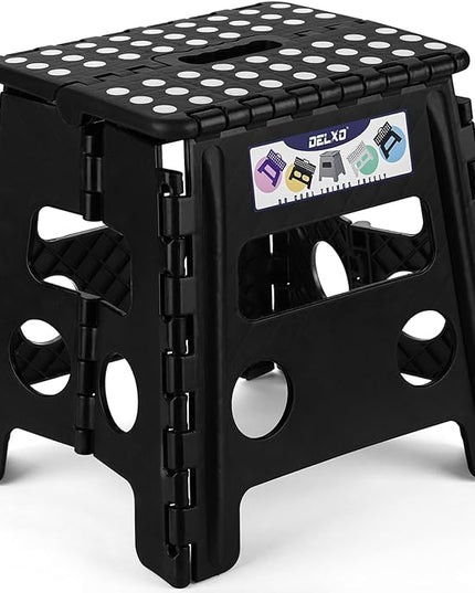 Delxo Folding Step Stool, 13 inch Non-Slip Foldable Stools for Kids & Adults Up to 300 LBS, Step Stool with Handle, Lightweight for Kitchen, Bathroom, Bedroom, Garden, Black, 1PC - LeafyLoom